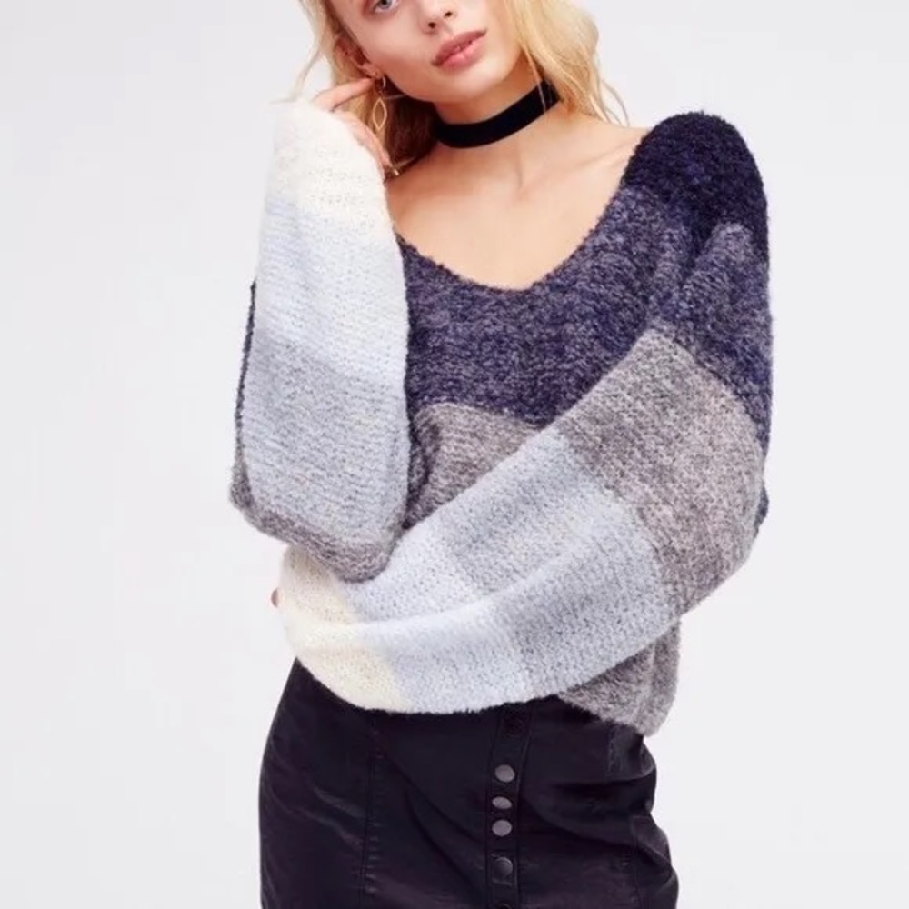 Free People Cropped Oversized Blue Gradient Stripe Alpaca Blend Sweater XSmall